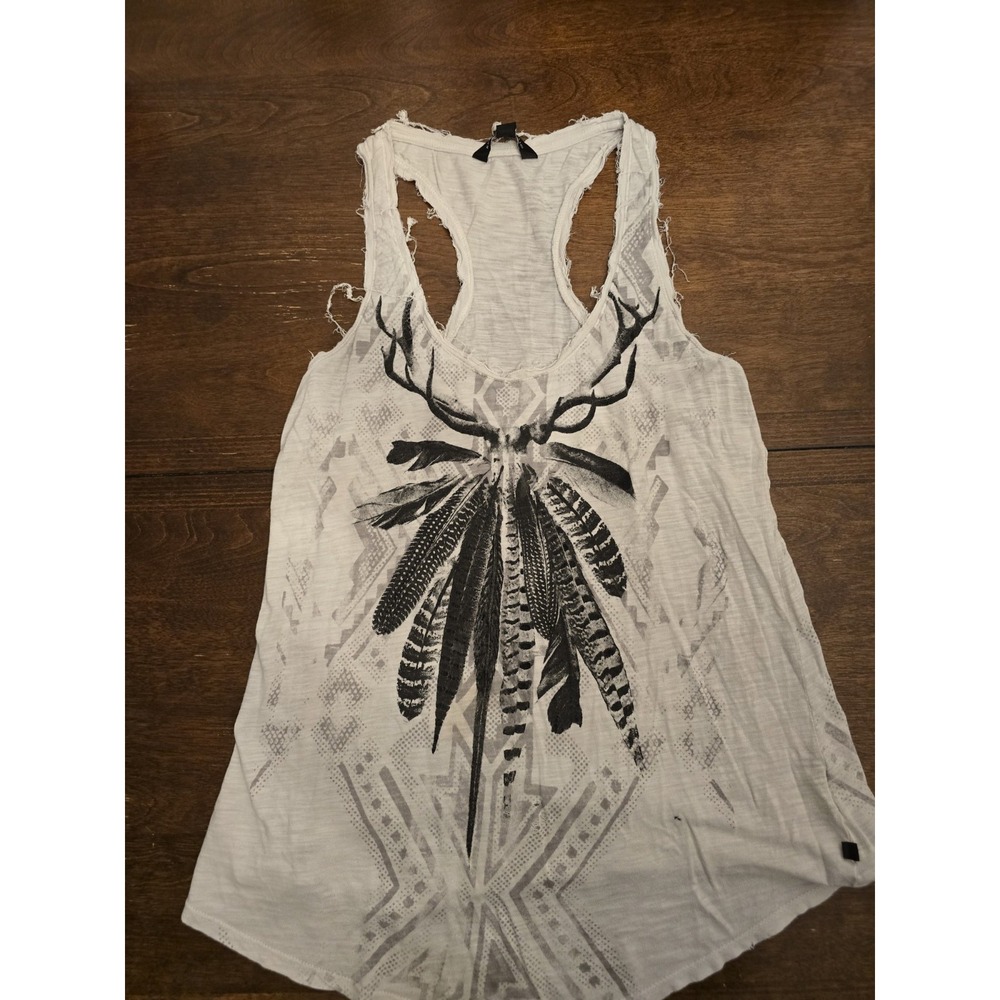 Rock & Republic Distressed Antler & Feather Graphic Racerback Tank Top (Size S)